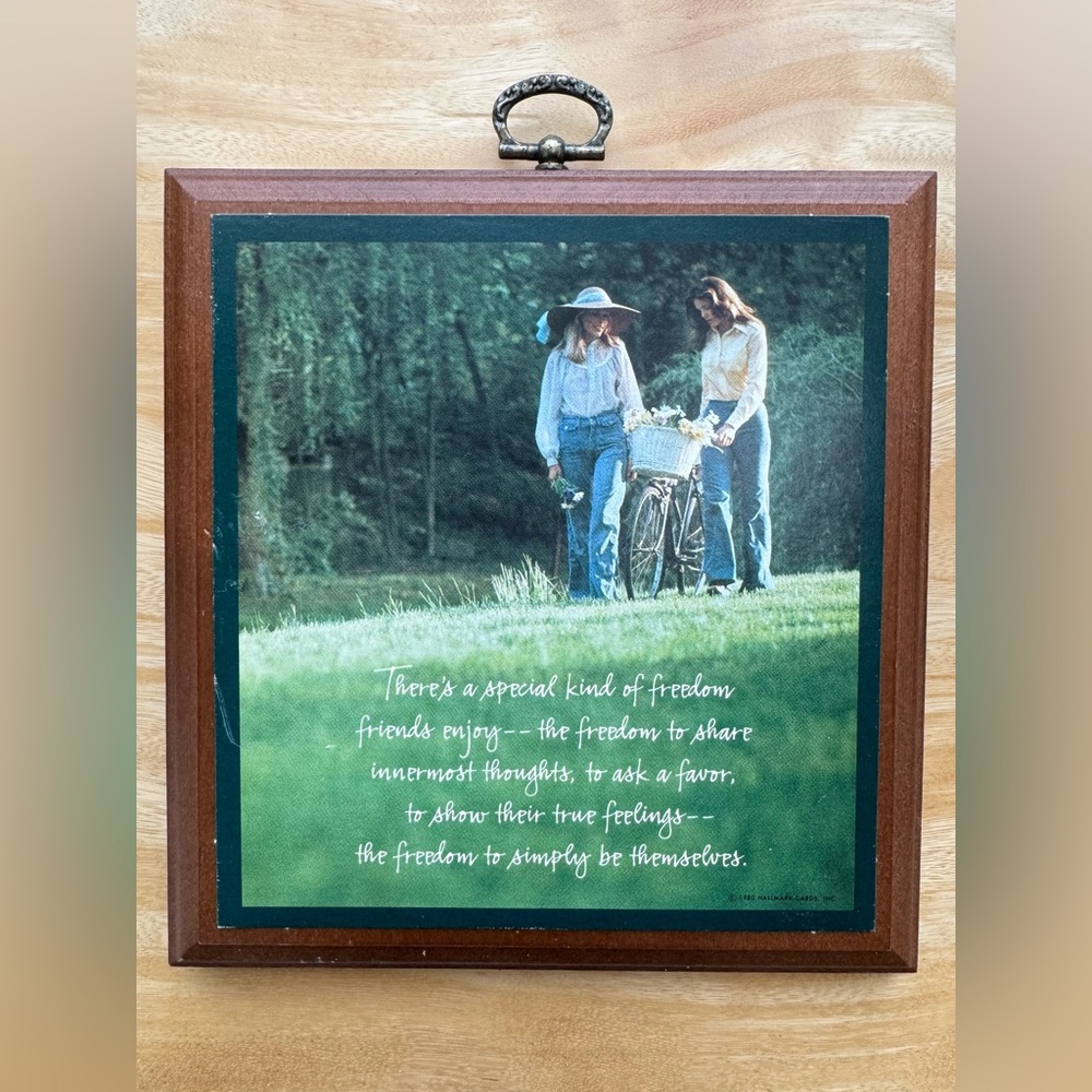 Vintage 1980 Hallmark Wood Plaque Artwork Two Friends Women Friendship Quote
